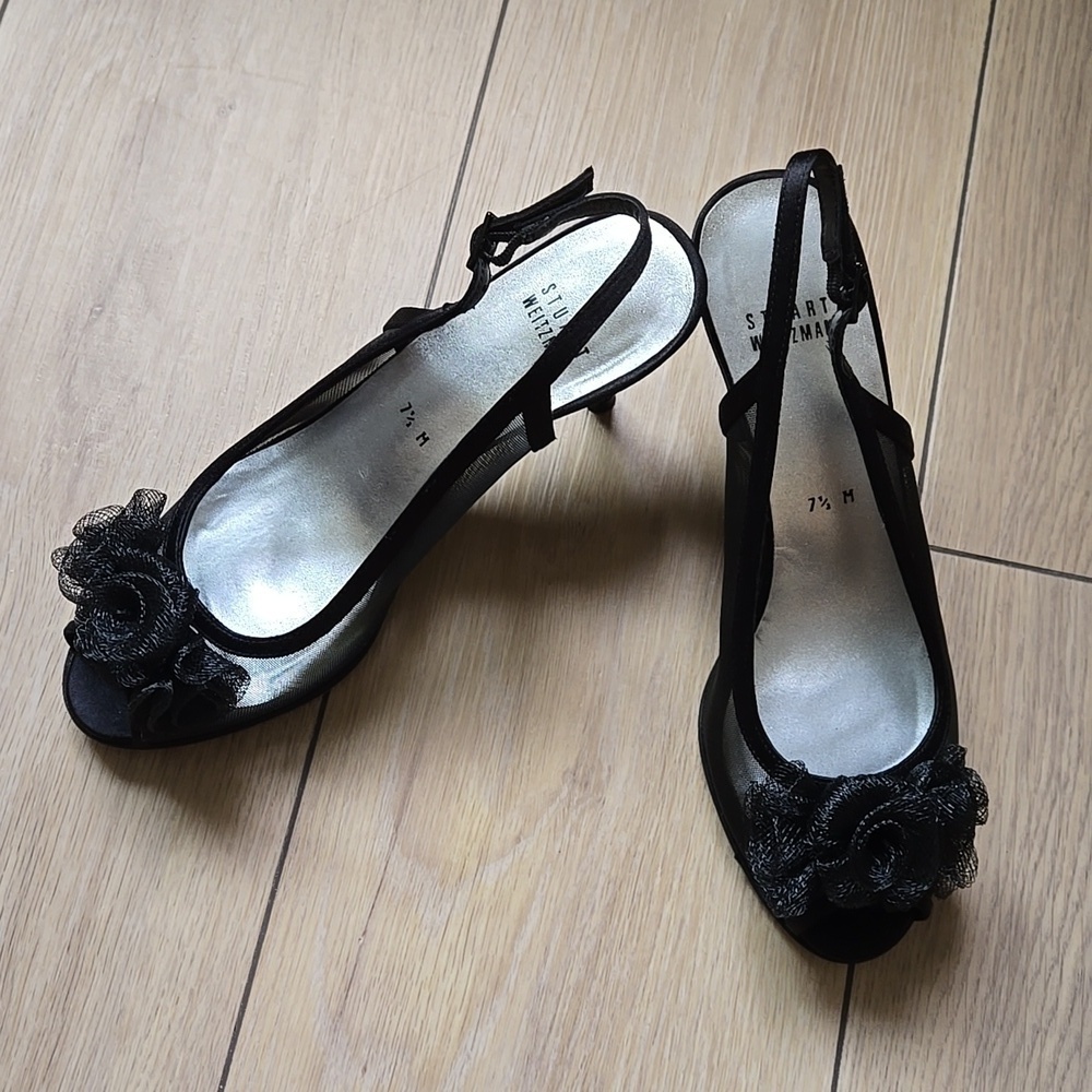 Stuart Weitzman Floral Mesh Ruffle Embellishment Slingback Pumps Size 7.5 M